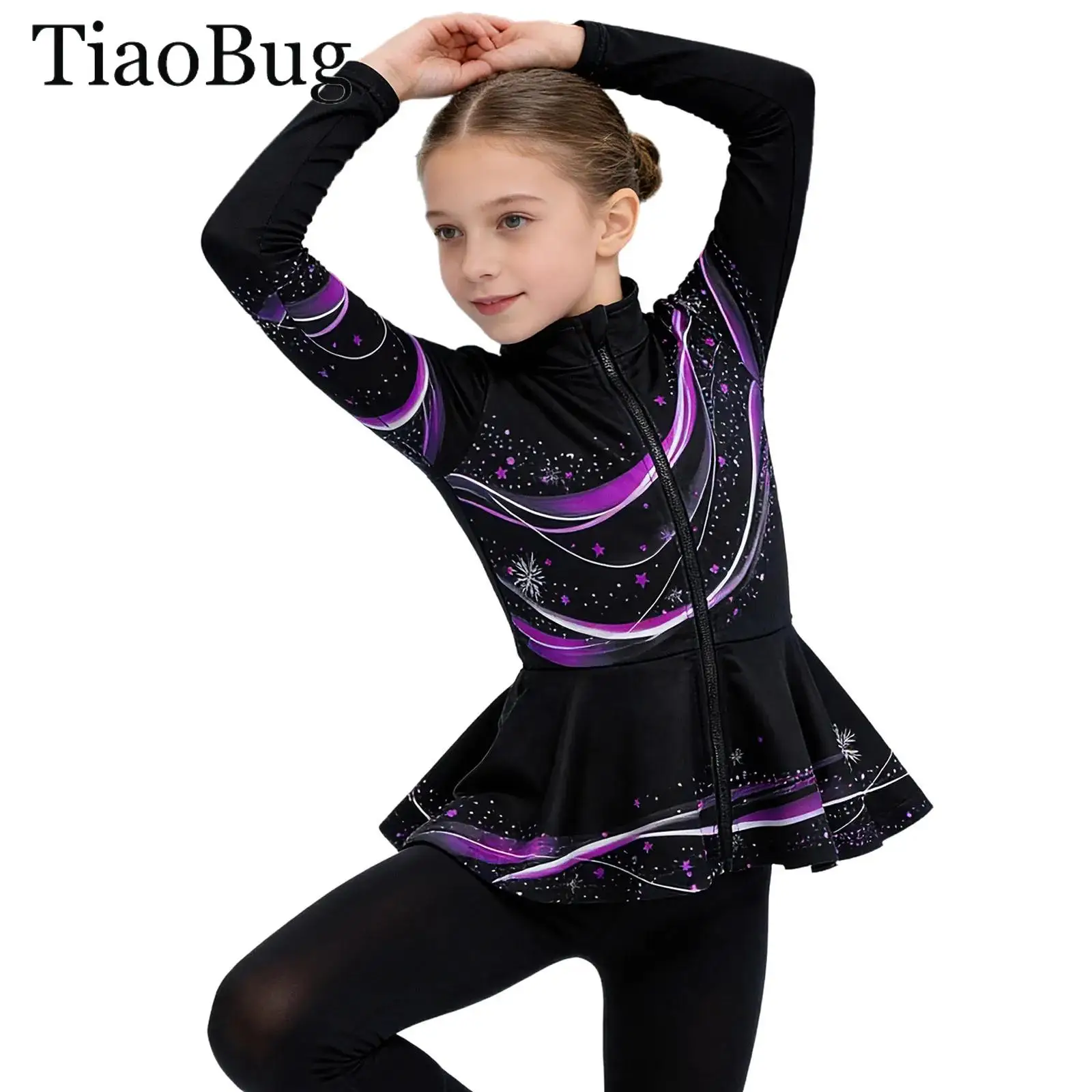 

Girls Gymnastics Jacket Fleece Figure Skating Sweatshirt Coats Stylish Print Long Sleeve Zipper Peplum Ballet Sports Workout Top
