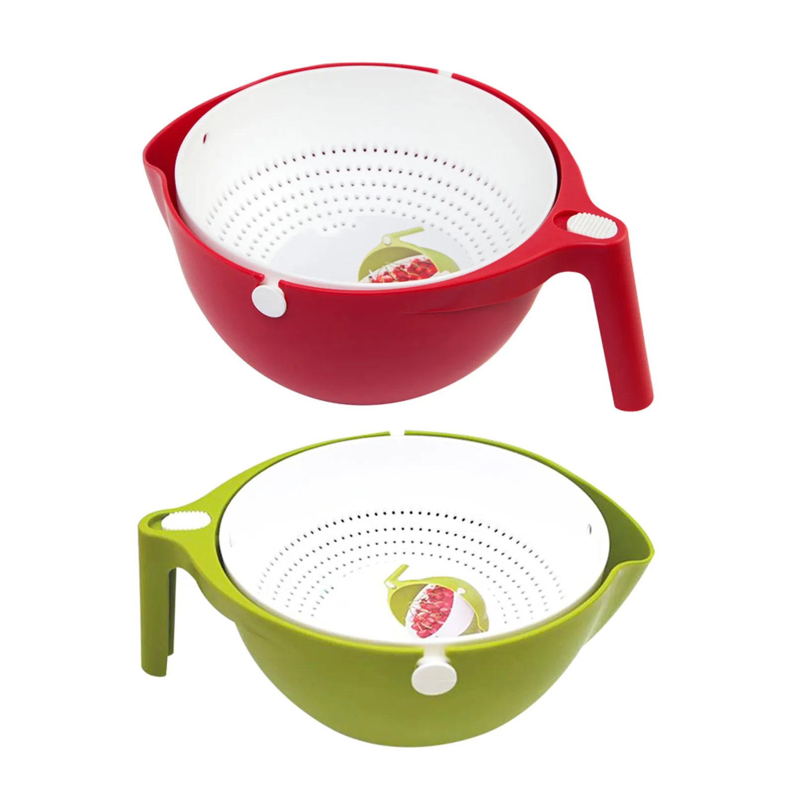 1Pcs Double Layers Drain Basket Portable Fruit Vegetable Washing Storage Basket Detachable Kitchen Colander Rice Filter Green