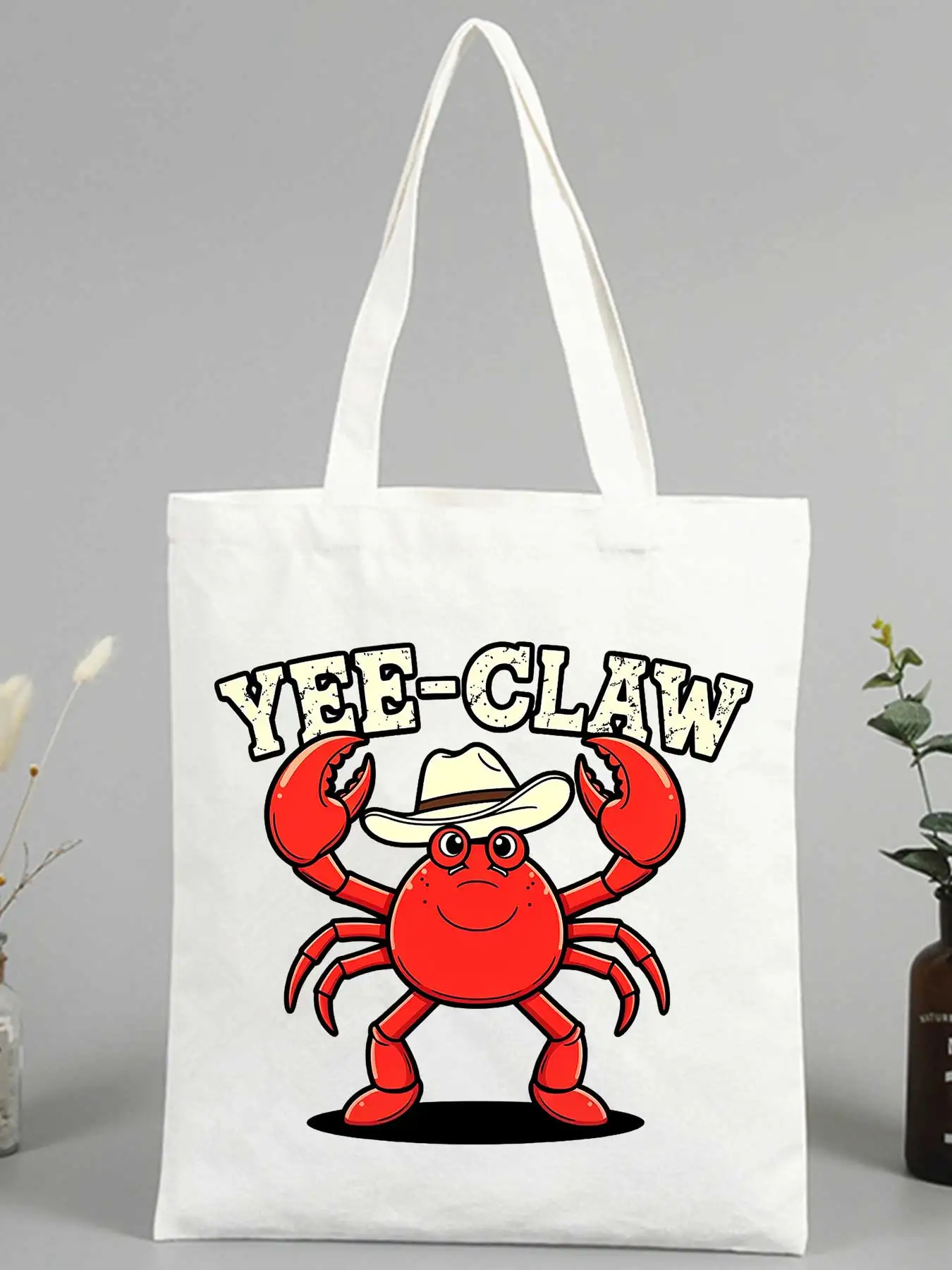 Women's canvas tote bag with crab and hat graphic, western style for casual shopping and summer outings