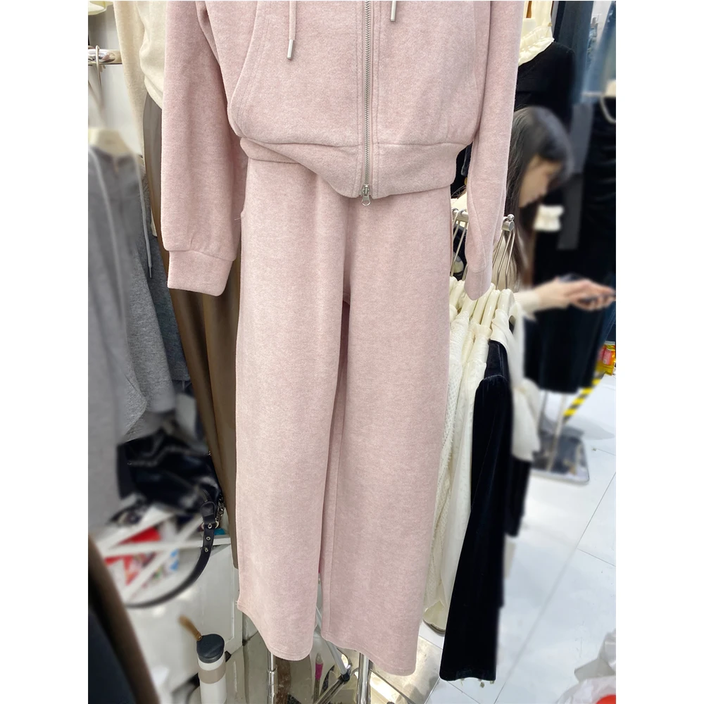 Two Pieces Women Sweatershirt Sets Solid Soft Hodoed Long Sleeve Sports Coat+HIgh Waist Wide Leg Pants 2pcs Female Commute Suits