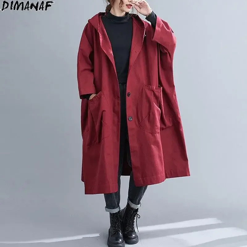 DIMANAF Plus Size Women Jacket Coat Outwear Hooded Button Pockets Cardigan Female Clothing Loose Oversize Autumn Thin Overcoat