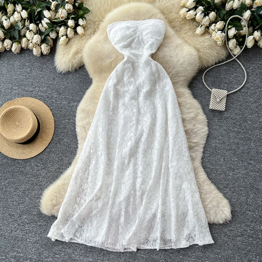 فستان أنيق عتيق من الدانتيل بدون ظهر مكشكش أنيق ملابس نسائية كورية خرافية