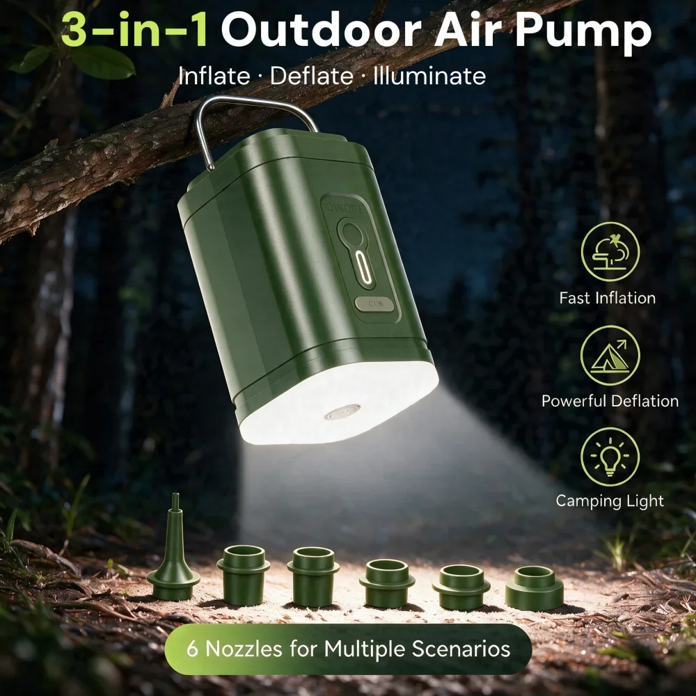  Portable Camping Air Pump with LED Lantern Quick Inflator Deflator,USB Rechargeable for Mattress Tent Pool Floats Vacuum Bags