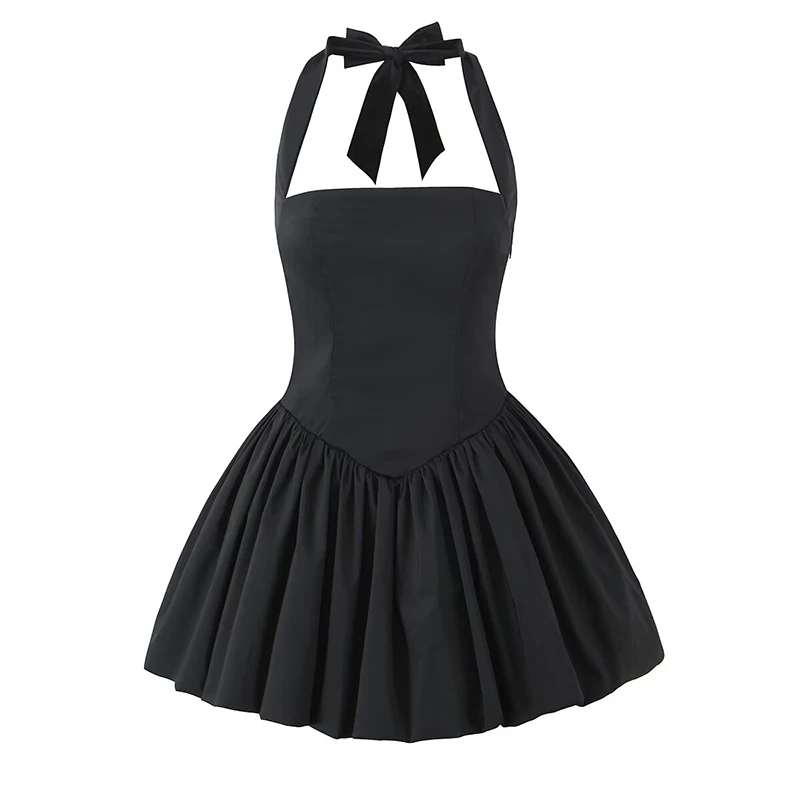 YENKYE Abito da ballo sexy con scollo all'americana e orlo pieghettato senza schienale Abito da donna con lacci sul retro Bianco Nero Elegante mini abiti da festa Abito estivo