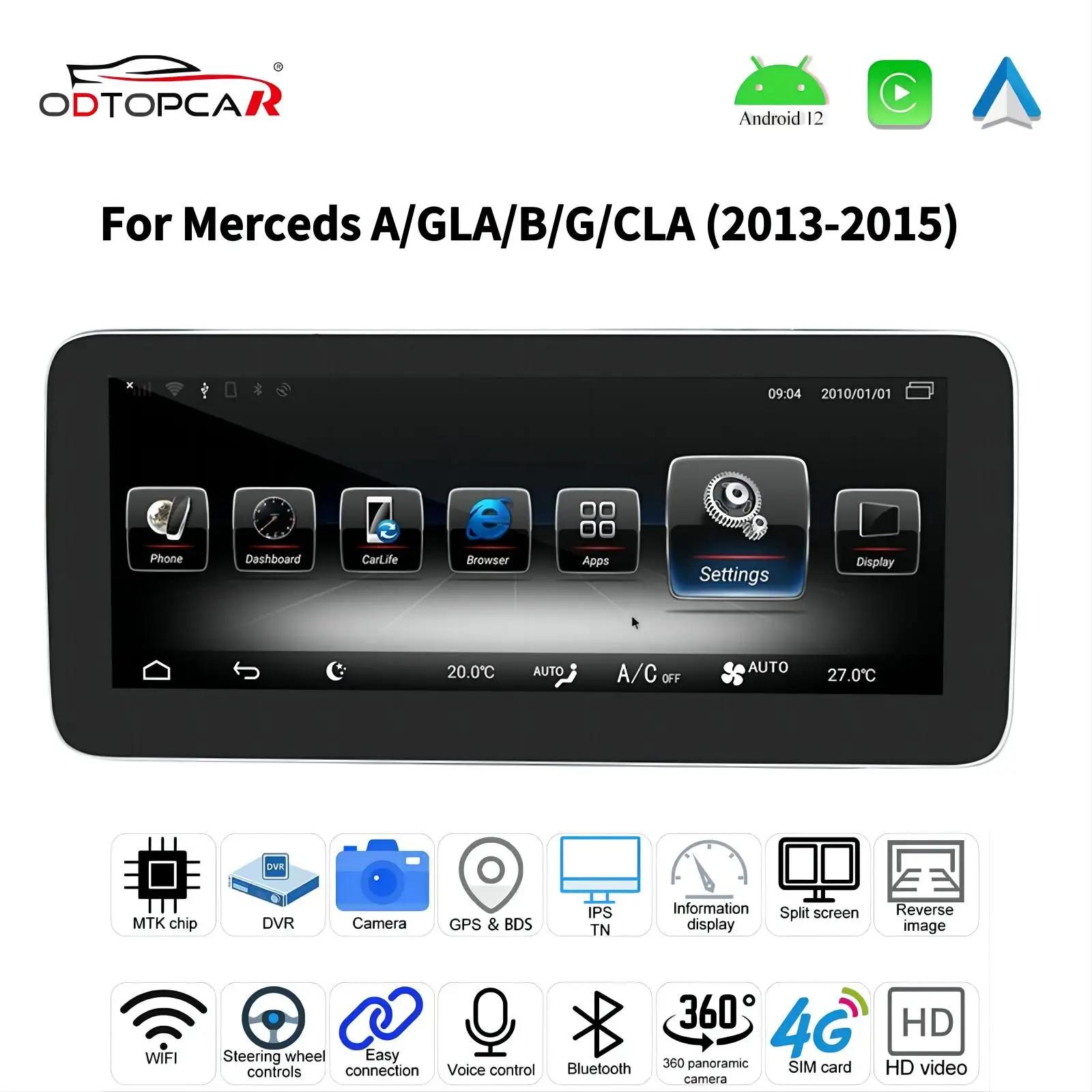 

ODTOPCAR Mercedes A-Class Screen Upgrade 10.25 Inch Aftermarket CarPlay Installation YouTube Video Games Movies Music Android 13