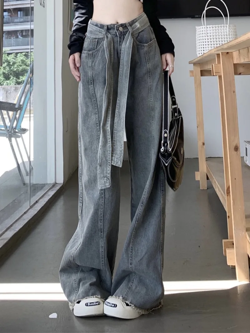 

Vintage Belt Designer Gray Jeans Pants Women Casual Streetwear Baggy Pants Female Strappy Korean Style Fashion Pants 2024