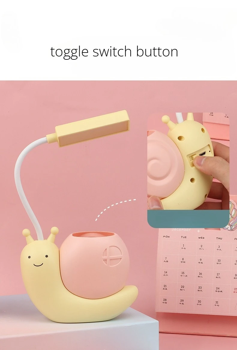 Multi-Functional LED Desk Lamp Student Learning with Pen Holder Night Light Snail Shape USB Rechargeable Bendable Cute Kids Lamp