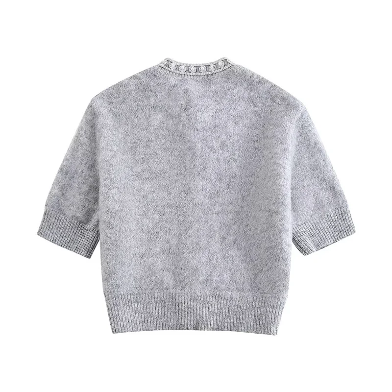 KEYANKETIAN 2024 New Launch Women\'s Artificial Gemstone Decoration Short-Sleeved Knitwear Spring Elegant Gray Sweater Crop Top