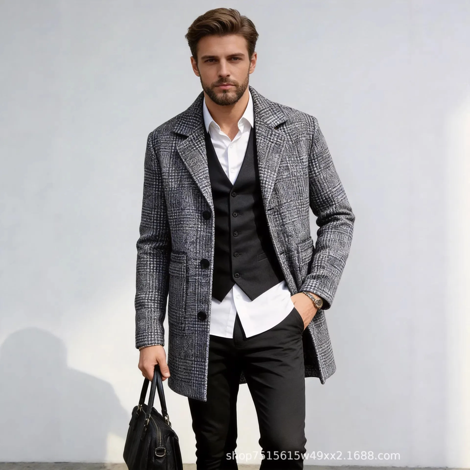 

2026 Spring Autumn New Style Men Fashion Slim Fit Plaid Short Turn Down Collar Casual Trench Coat Outerwear