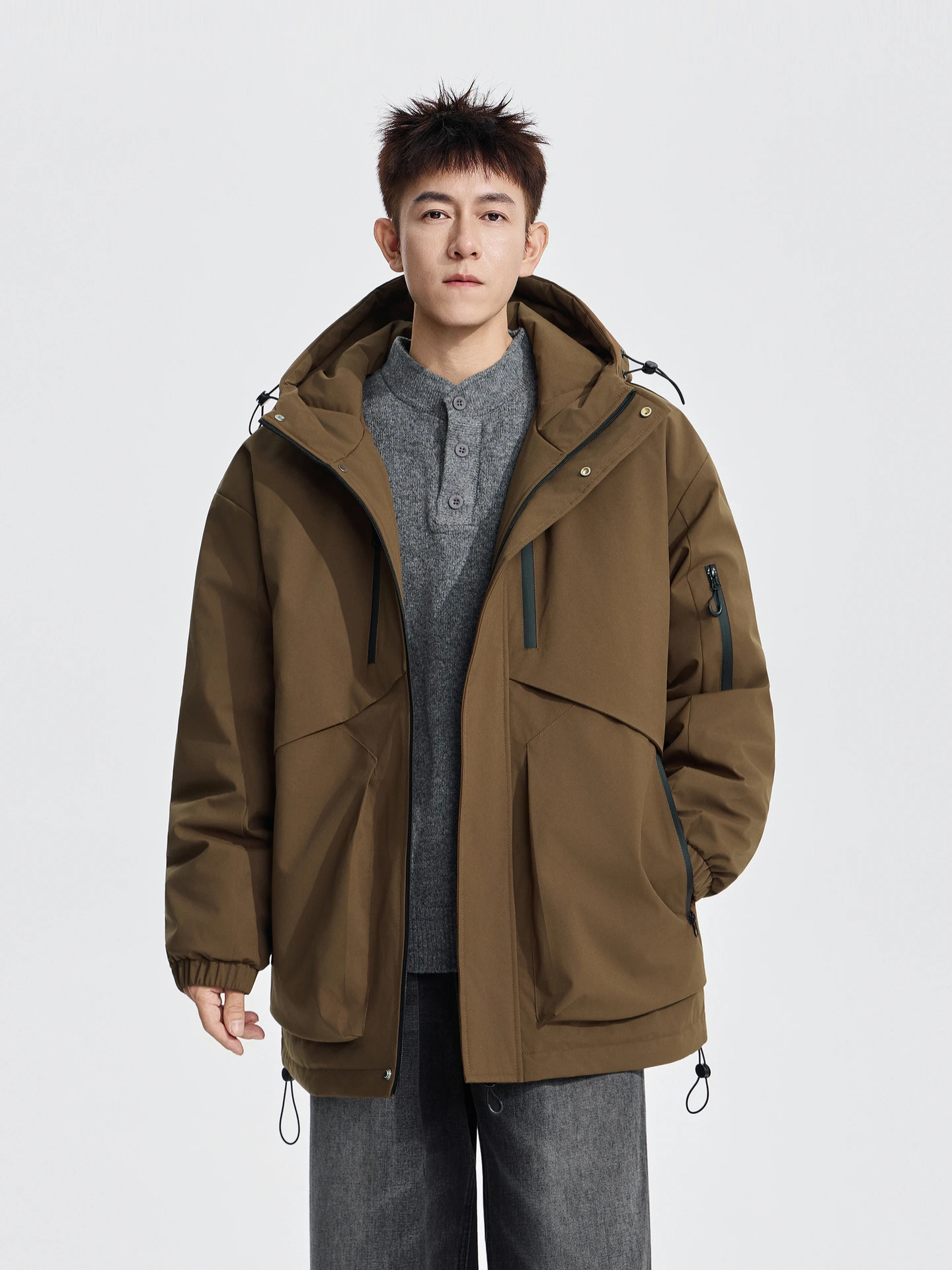 

Warmth Outdoor Men's Du down Jaet with Hood Casual Versatile Workwear Sle Thiened Polyester Fabric Youth Trend