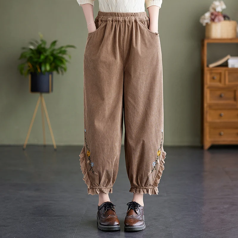 

Corduroy Women Pants 2023 Autumn Spring Embroidery Retro Lace Slacks Loose Harem Pockets Casual Trousers Female