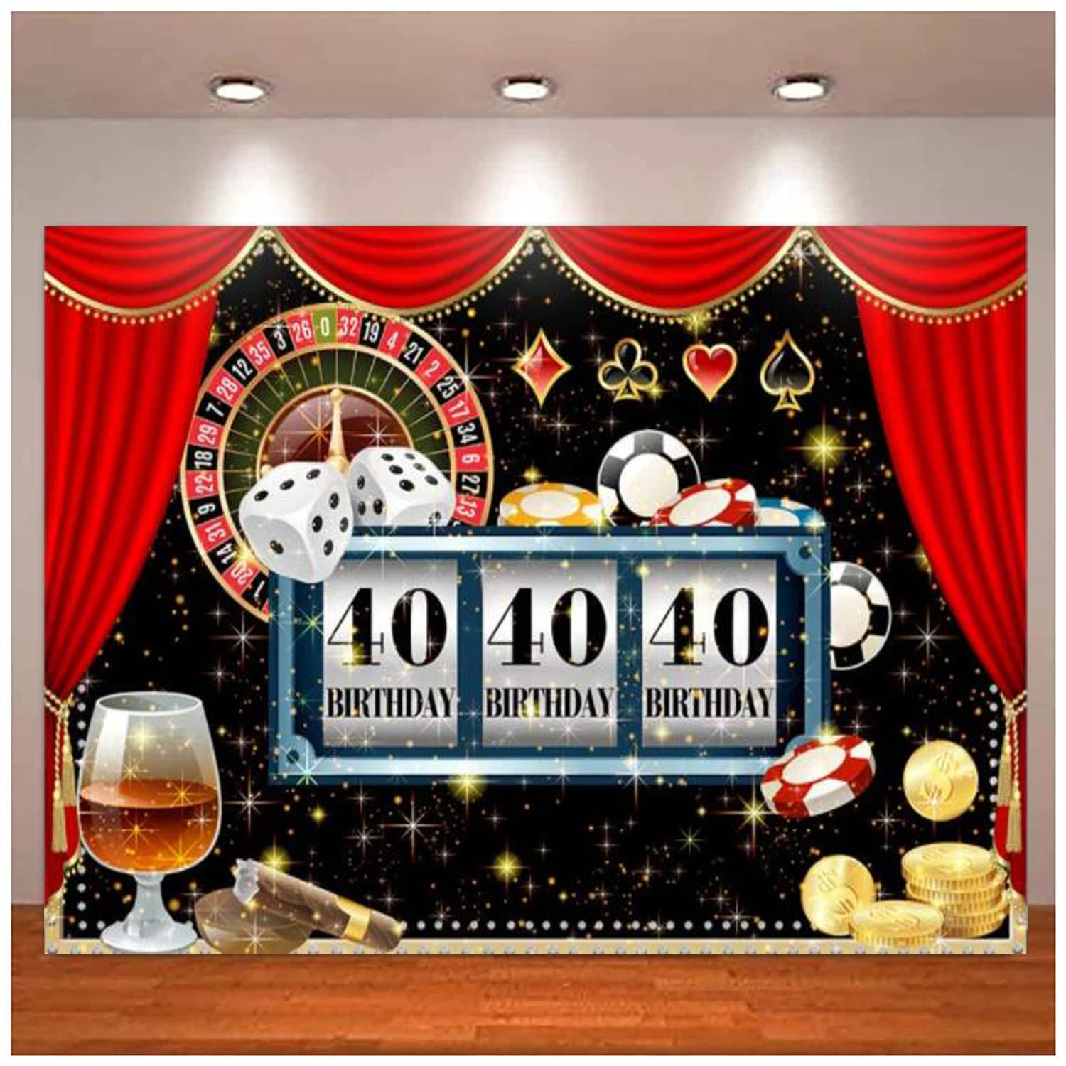 

Photography Backdrop Las Vegas Poker Dice Forty 40th Birthday Party Banner Decor Red Curtain Glitter Casino Night Background