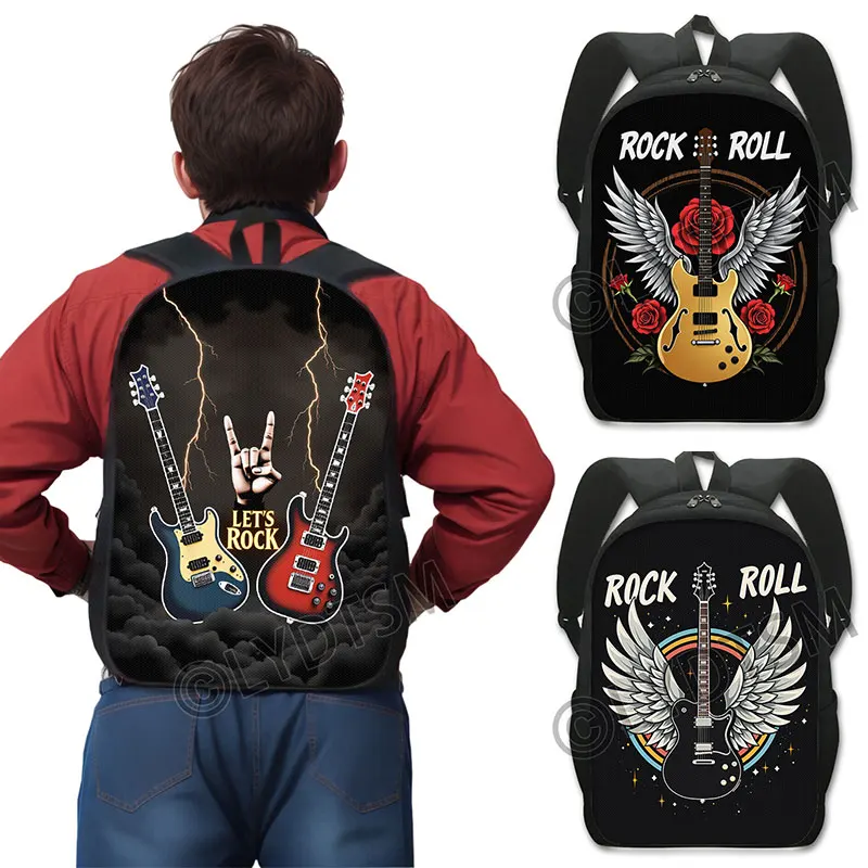 

cool guitar with angle wings graphic print backpack rock roll horns gesture punk shoulder bag for travel laptop backpack bookbag
