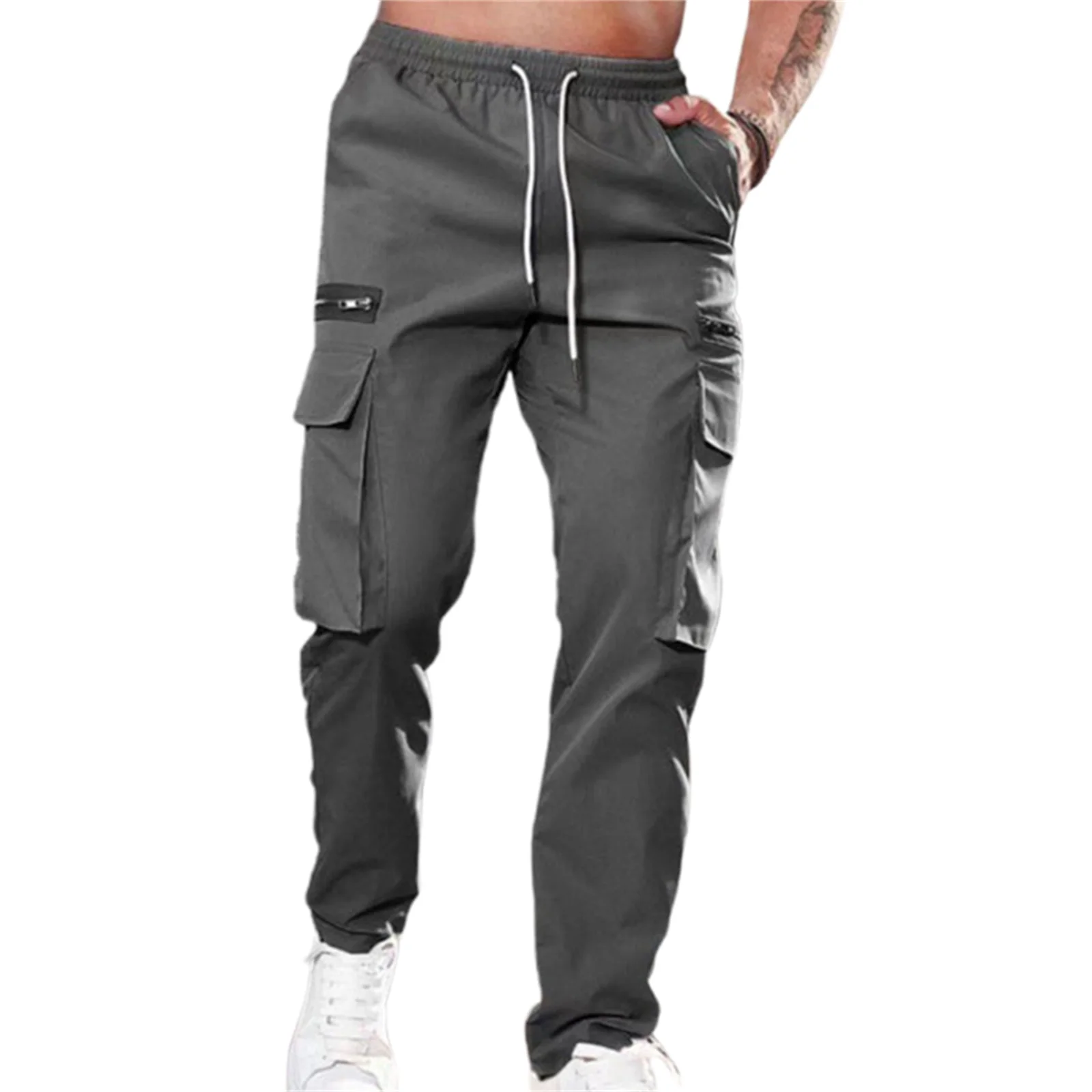 

Fashion Men Cargo Pants Solid Color Elastic Drawstring Jogger Sweatpants with Pockets Male Casual Trousers for Streetwear