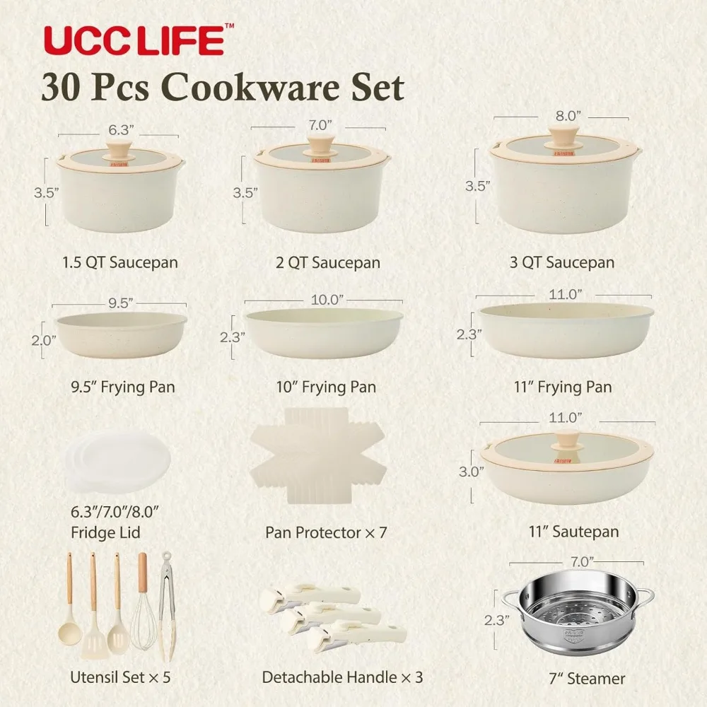 UCClife 30-Piece Nonstick Cookware Set - PFOA/PTFE Free Non-Toxic Pots & Pans, Detachable Handles, Oven & Dishwasher Safe, Scrat