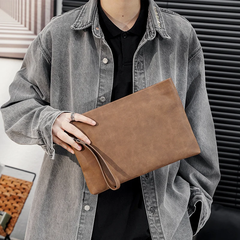 Street Style Pu Leather Men's Wrist Bag Fashionable Handheld Envelope Document Bag Soft Surface Zipper Closure Leisure Youth
