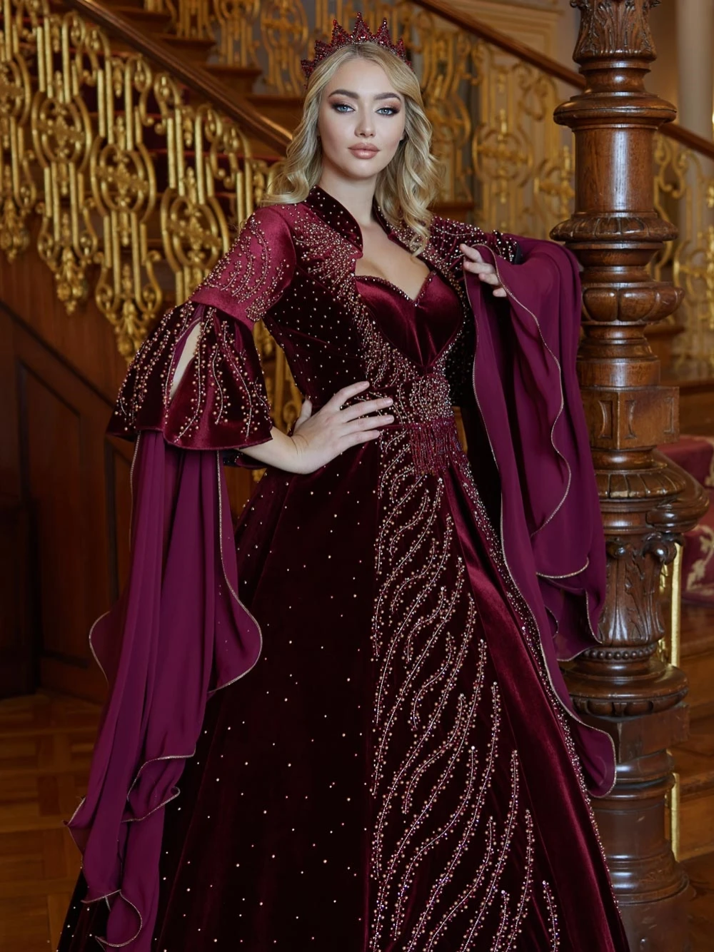 Robe de soirée en velours rouge vintage, caftan à col en cœur, Dubaï, marocain, élégant, perles, robe personnalisée