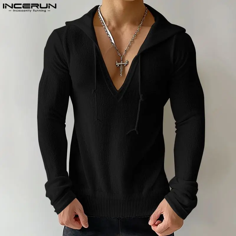 Casual Simple Style Tops INCERUN Men's Deep V-neck Texture Hooded Autumn Winter Streetwear Solid Long Sleeved Sweatshirts S-5XL