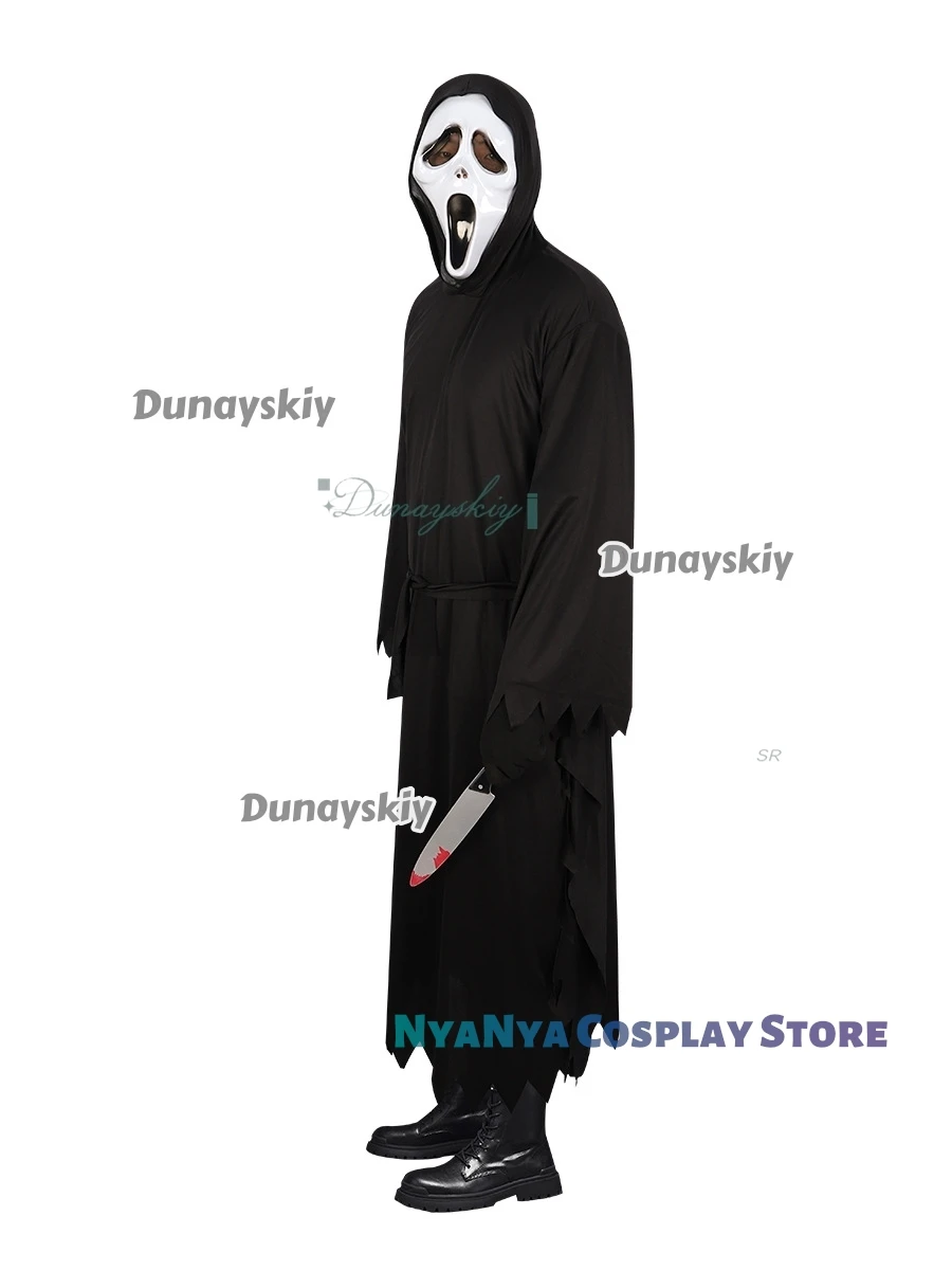 Vestido elegante para niños, máscara de calavera, bata larga negra, Cosplay de Scream GhostFace, fiesta de Halloween, película de terror, Carnaval, chico adulto