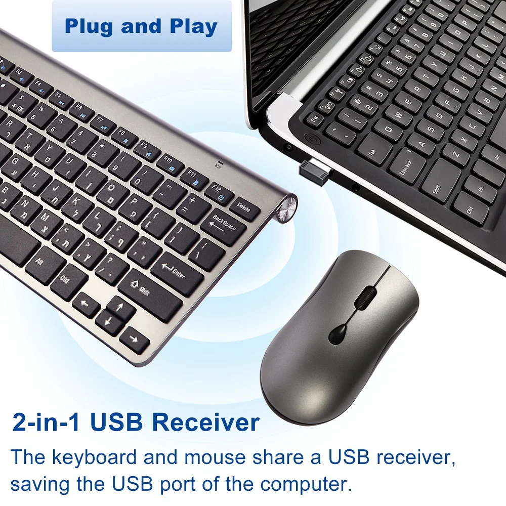 Mini clavier et souris sans fil 2.4G, portable, silencieux, russe, coréen, hébreu, américain, kit pour ordinateur portable, Mac, PC, TV Box