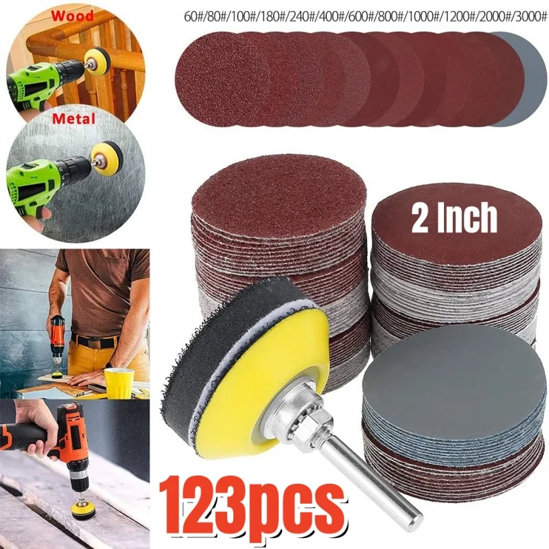 123 pces 50mm variedade de lixa 60-3000 grit lixa disco almofada conjunto 2 Polegada para moedor de broca ferramentas rotativas com almofada pólo de disco