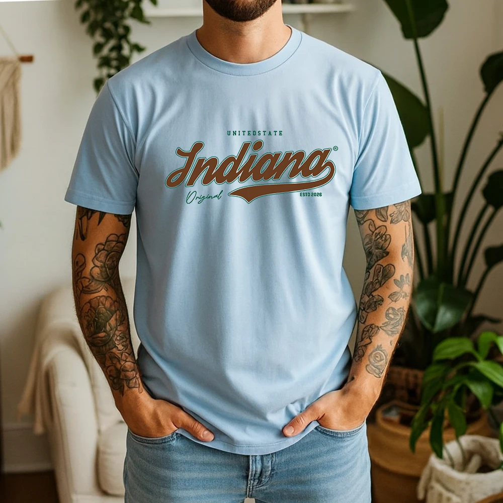 Mens 100% Cotton T Shirt United State Indiana ESTD 2026 Original Vintage Script Letter Print Breathable Short Sleeve Daily Wear