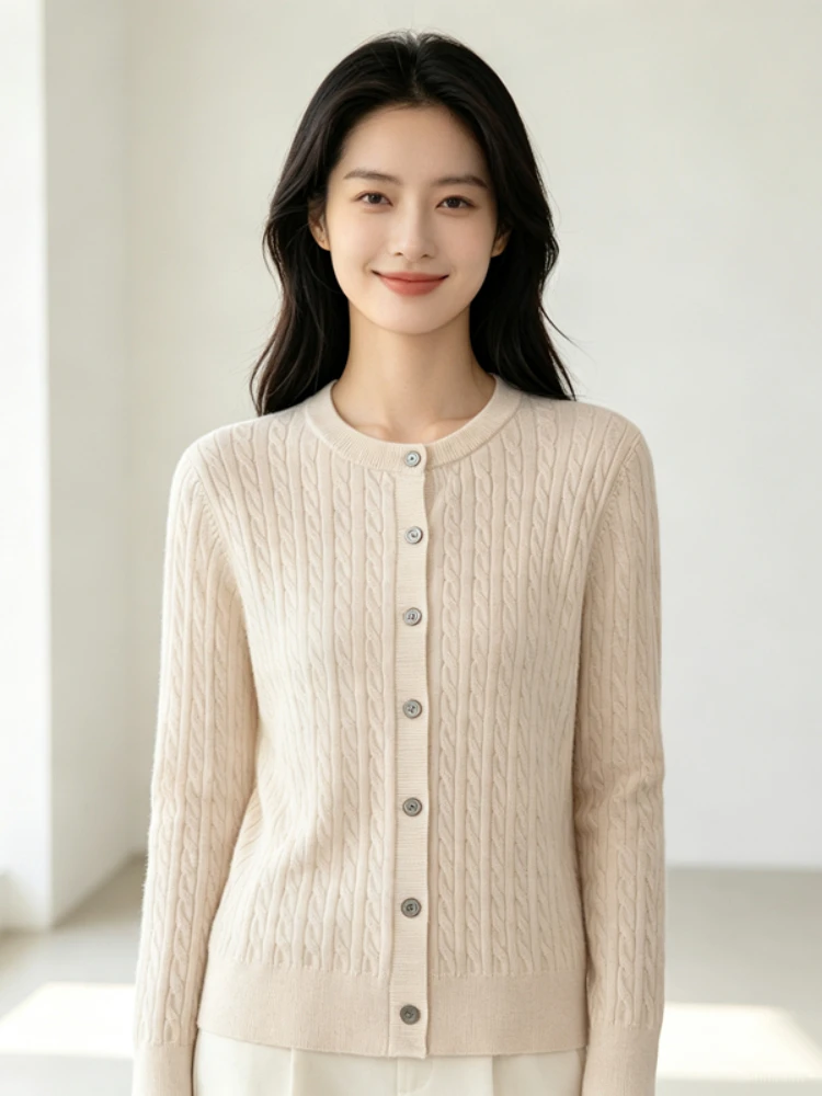 2026 Autumn Winter O-Neck Cable‑Knit Women Knit Cardigan Outerwear Loose‑Fit Figure‑Flattering Long‑Sleeve Sweater