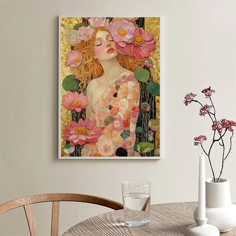 Beauty Woman With Peony Crown Lotus Flower Poster Art Print Floral Portrait Canvas Painting Boho Bedroom Home Decoration