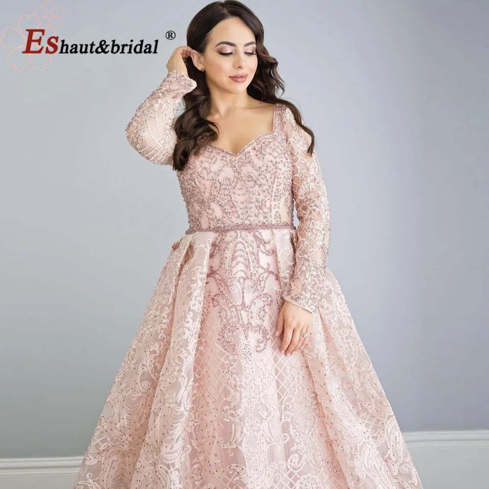 Elegant Dubai Lace Evening Dress for Women 2024 V Neck Aline Crystal Long Sleeves Formal Prom Wedding Party Gowns Customized