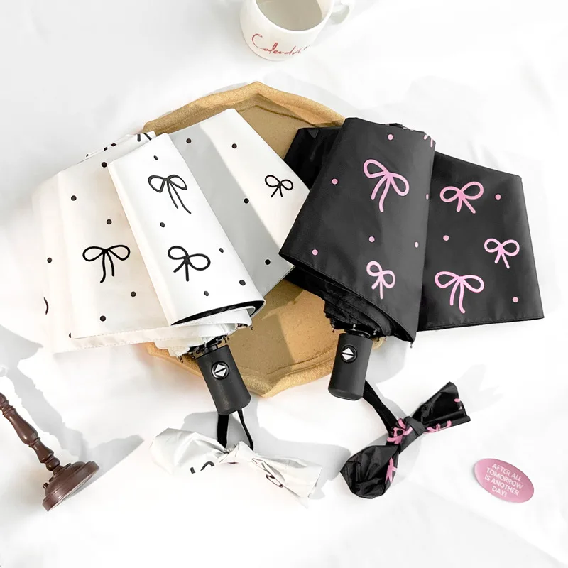 

Автоматический зонт с бантом в горошек для женщин, высококачественный, с защитой от УФ-излучения, двойного назначения, для солнца и дождя