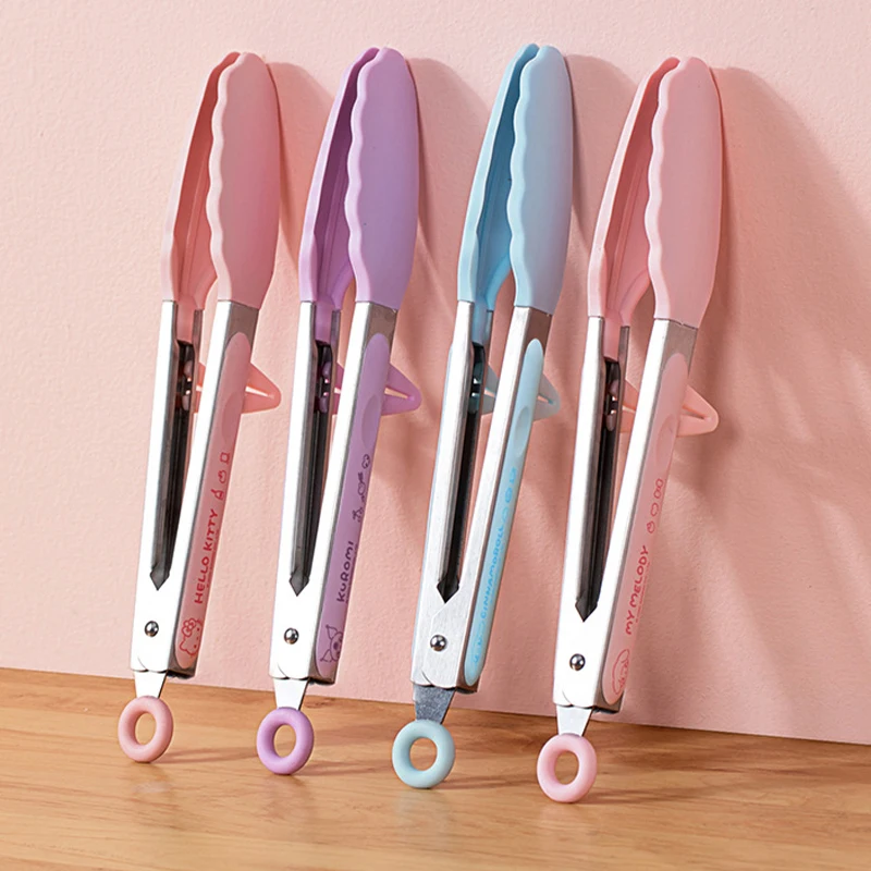 Sanrio kawaii hello kitty pinças de churrasco de silicone uso doméstico meninas cozinha anti escaldadura grelhado bife dopamina pinças de salada colorida