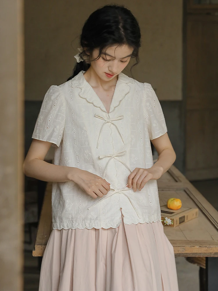 

Летняя хлопковая блузка Nesoulum для женщин, свободного кроя, с V-образным вырезом, вышивкой и завязками, винтажный стиль, однотонная, для делового и повседневного образа