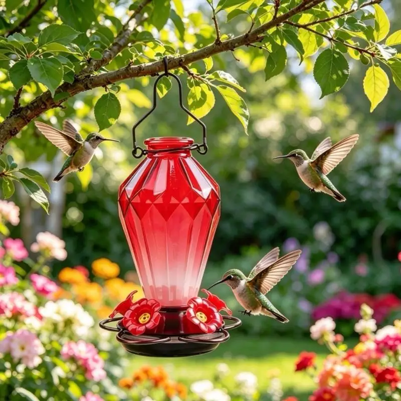 Faceted Glass Hummingbirds Feeder with Hanging Hook, Multiple Flower-Shape Port, and Round Base Perches B03E