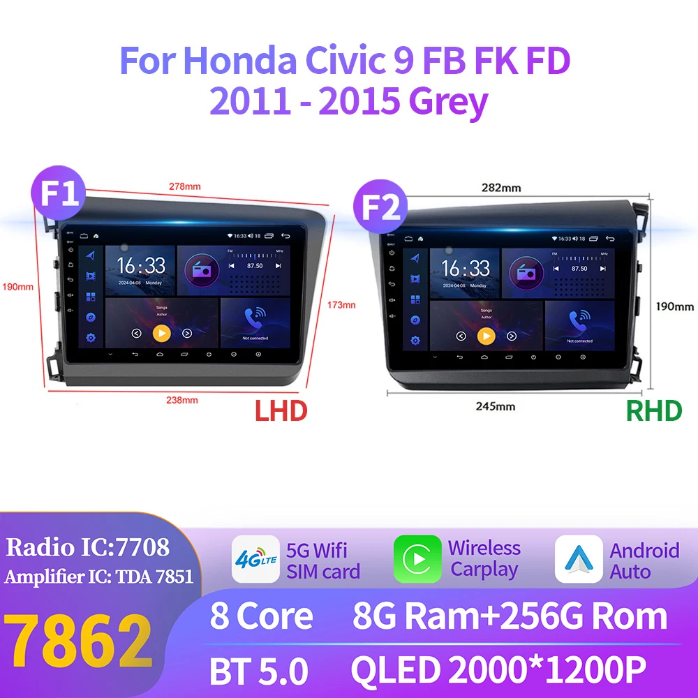 

Android 14 For Honda Civic 9 FB FK FD 2012-2015 Grey Car Radio Multimedia Navigation Wireless Carplay 2K QLED Screen Stereo