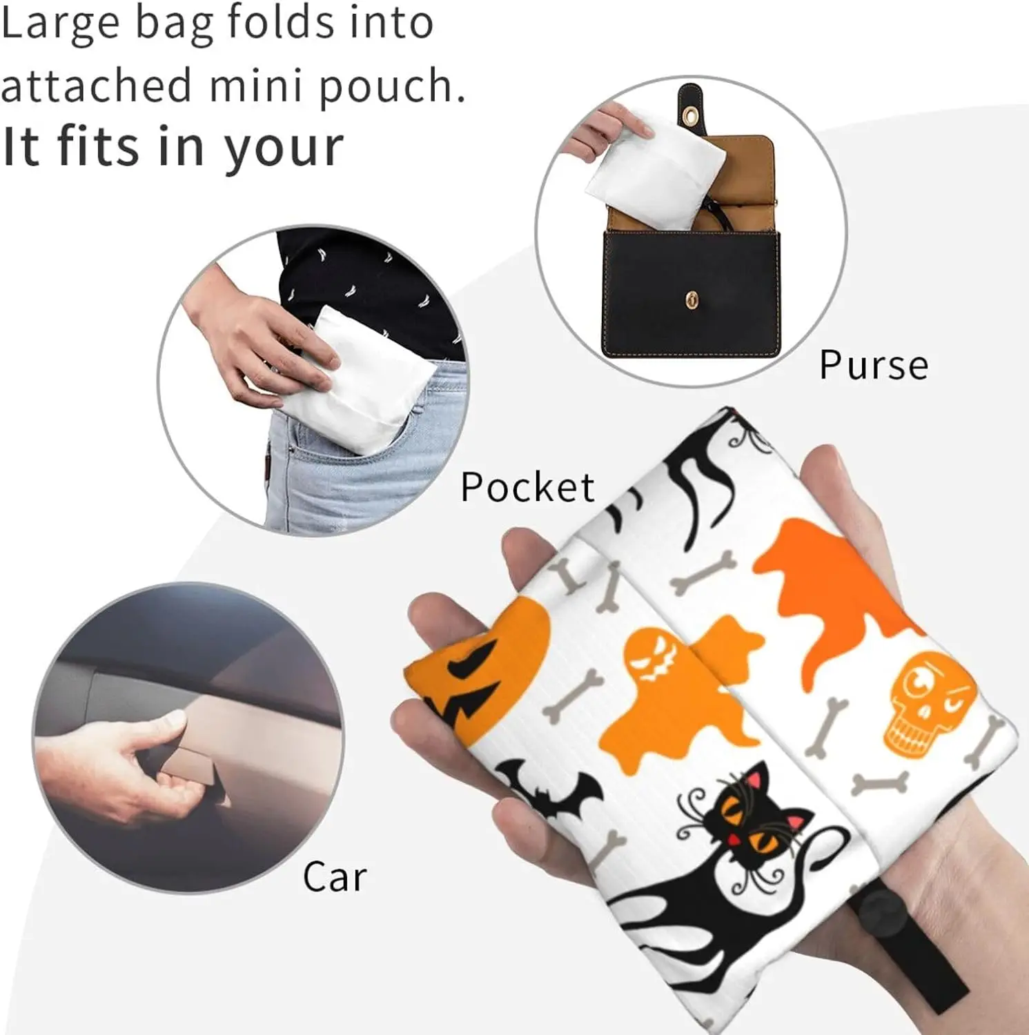 Skull Halloween Black Cat Bone Shopping Bags Reusable Washable Foldable Shopping Bags Recycling Bags Portable Shopper