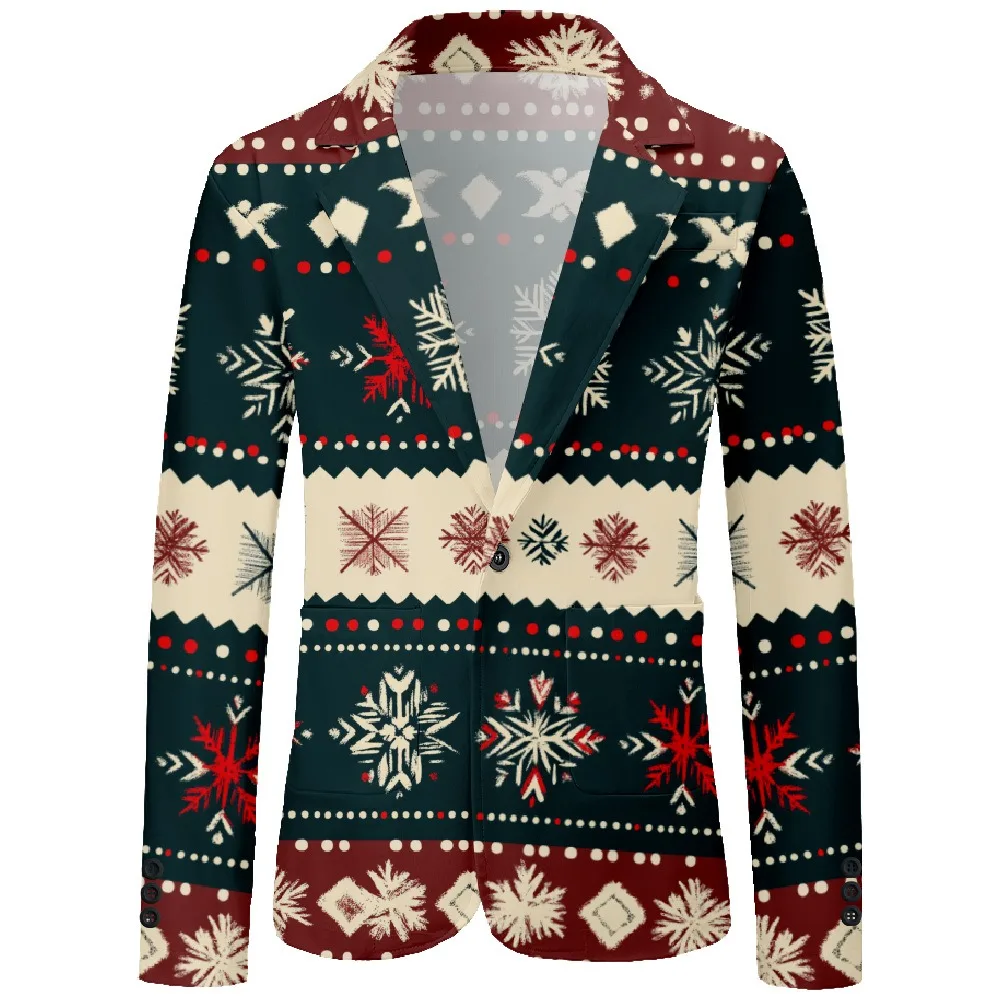 Men Blazer Retro Christmas Snowflake Print One Button Vintage Casual Coat Office Party Nightclub Jacket Slim Fit Blazers Outfit