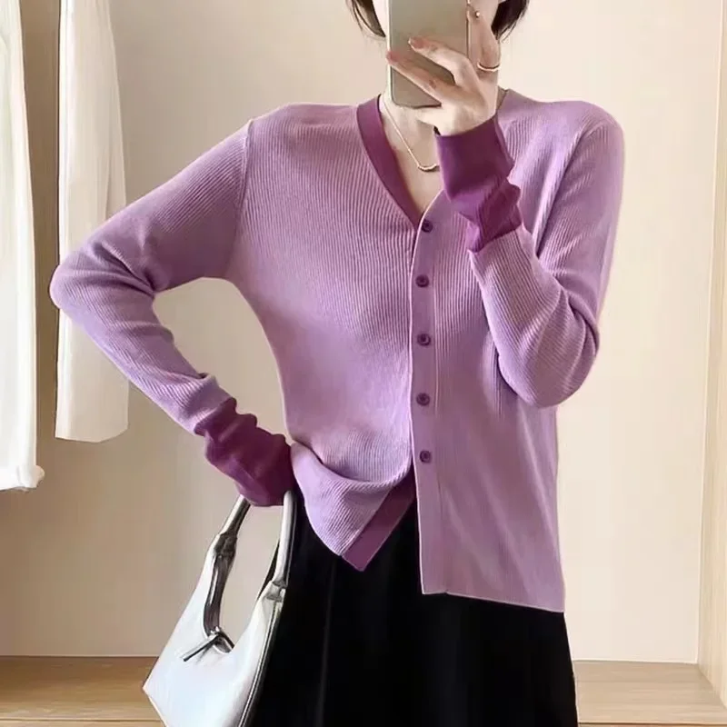 Women\'s Clothes Long Sleeve Top Korean Brand Sweater Elegant V Neck Color Blocking Slim Luxury Female Cardigan Knitting Top Tees