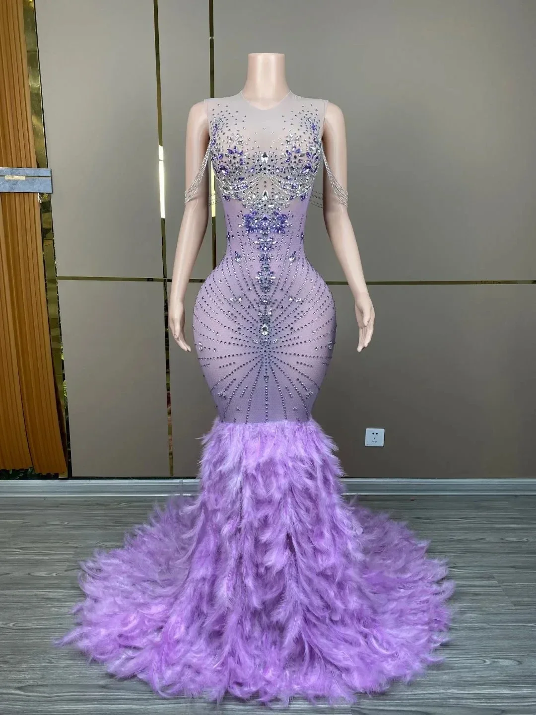 Nightclub Stage Performance Dress Women Celebrity Sexy Sleeveless Crystal Diamonds Feather Purple Midi Bodycon Dress