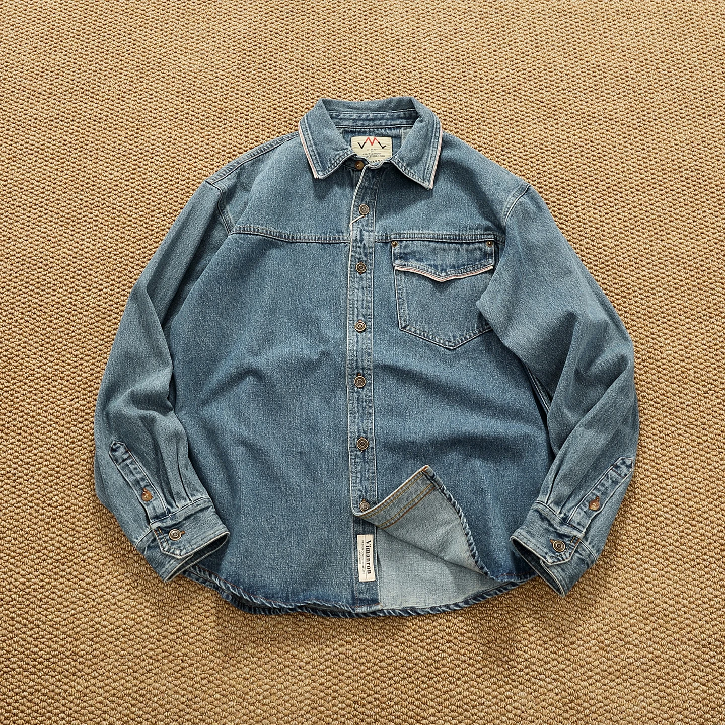 

100% Cotton American Retro Workwear Men's Long Sleeve Shirt Jacket Spring and Autumn Loose Heavy Denim Shirt