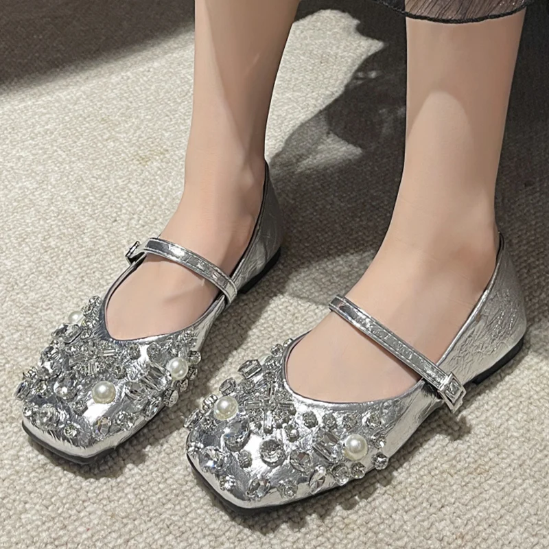 Crystal Bead Flats Women Mary Janes Shoes Luxury Shallow Designer Sandals Autumn 2024 New Shoes Dress Party Zapatillas Ladies