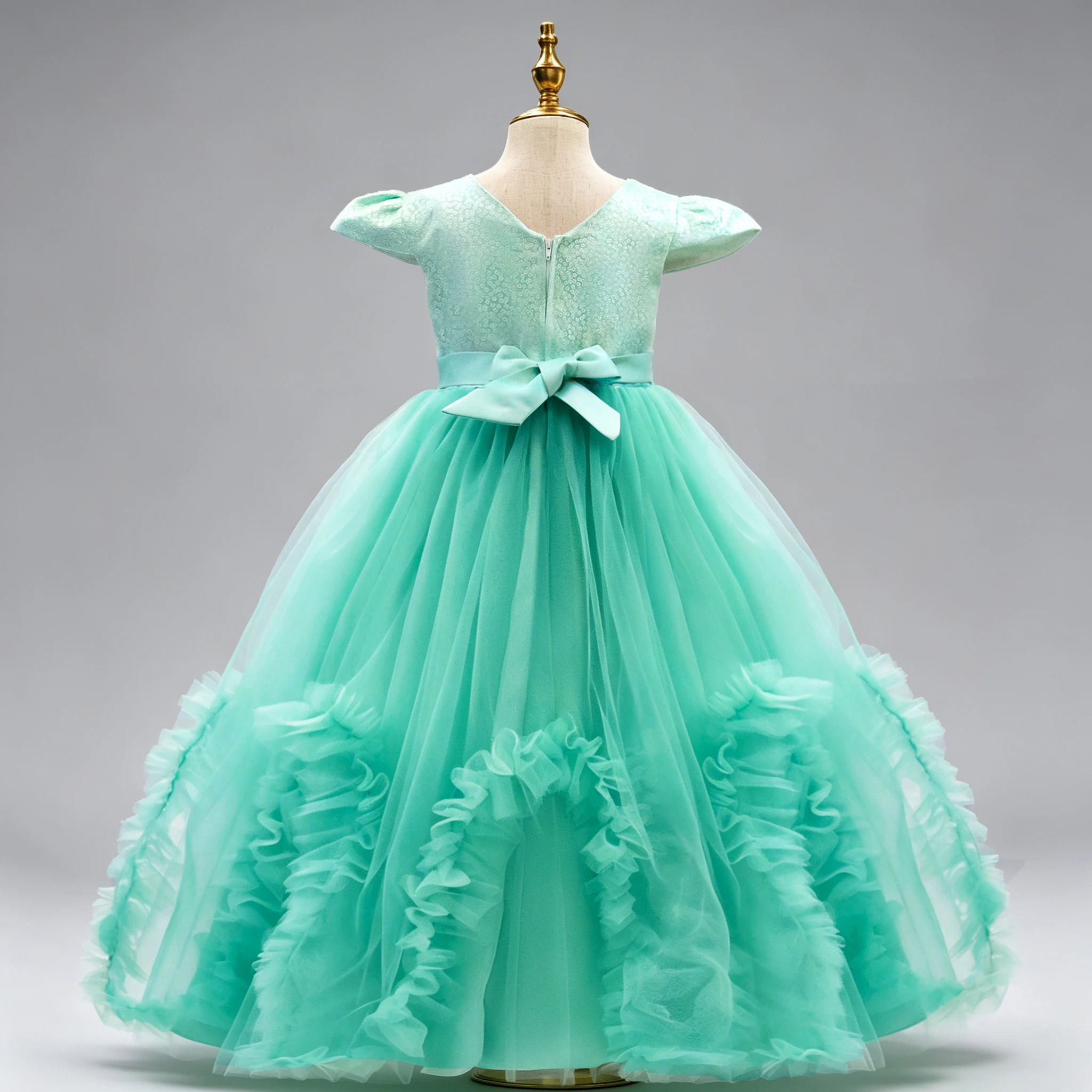 Flower Girl Dress One Shoulder Big Bow Ruffled Tulle Sequin Waist Train Girls Wedding Birthday Party Pageant Formal Ball Gown