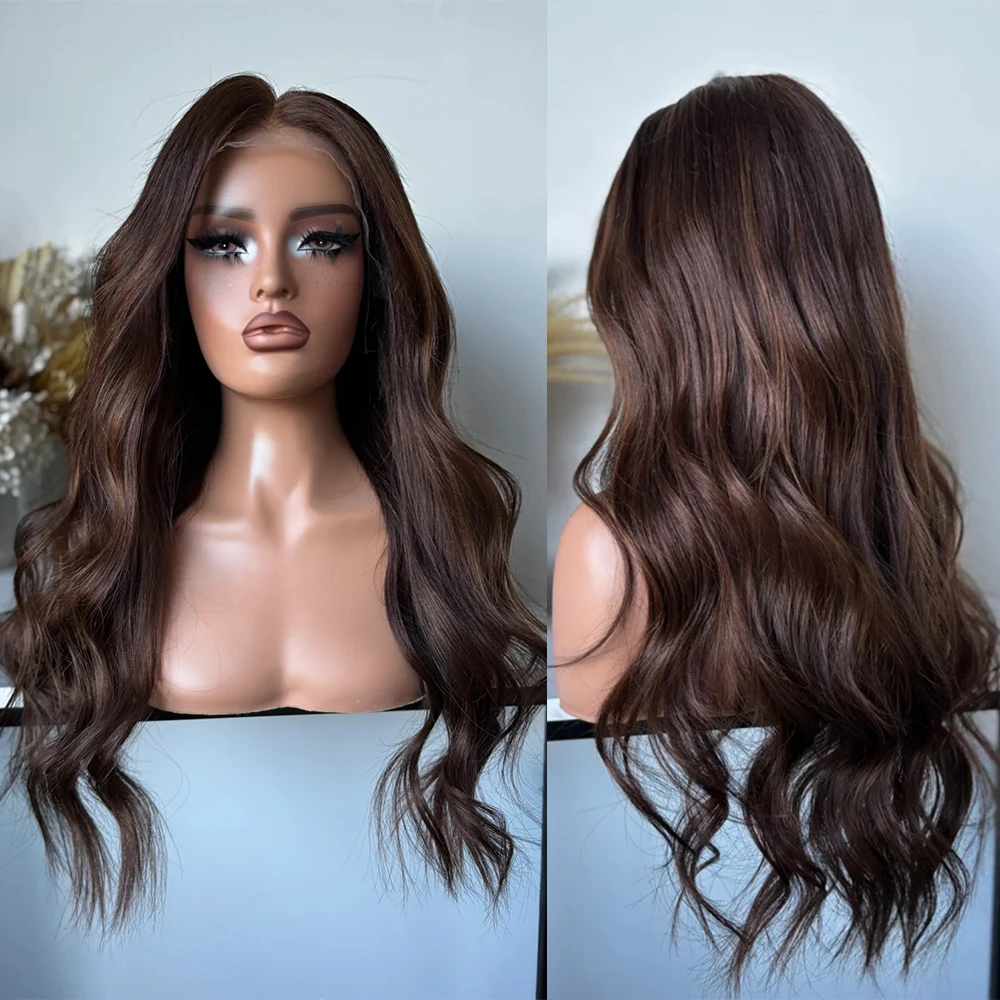 Dark Choclate Brown Ombre Human Hair Wig Medium Brown Highlights Full Lace Wig Glueless Body Wave Wig 100% Virgin Human Hair Wig