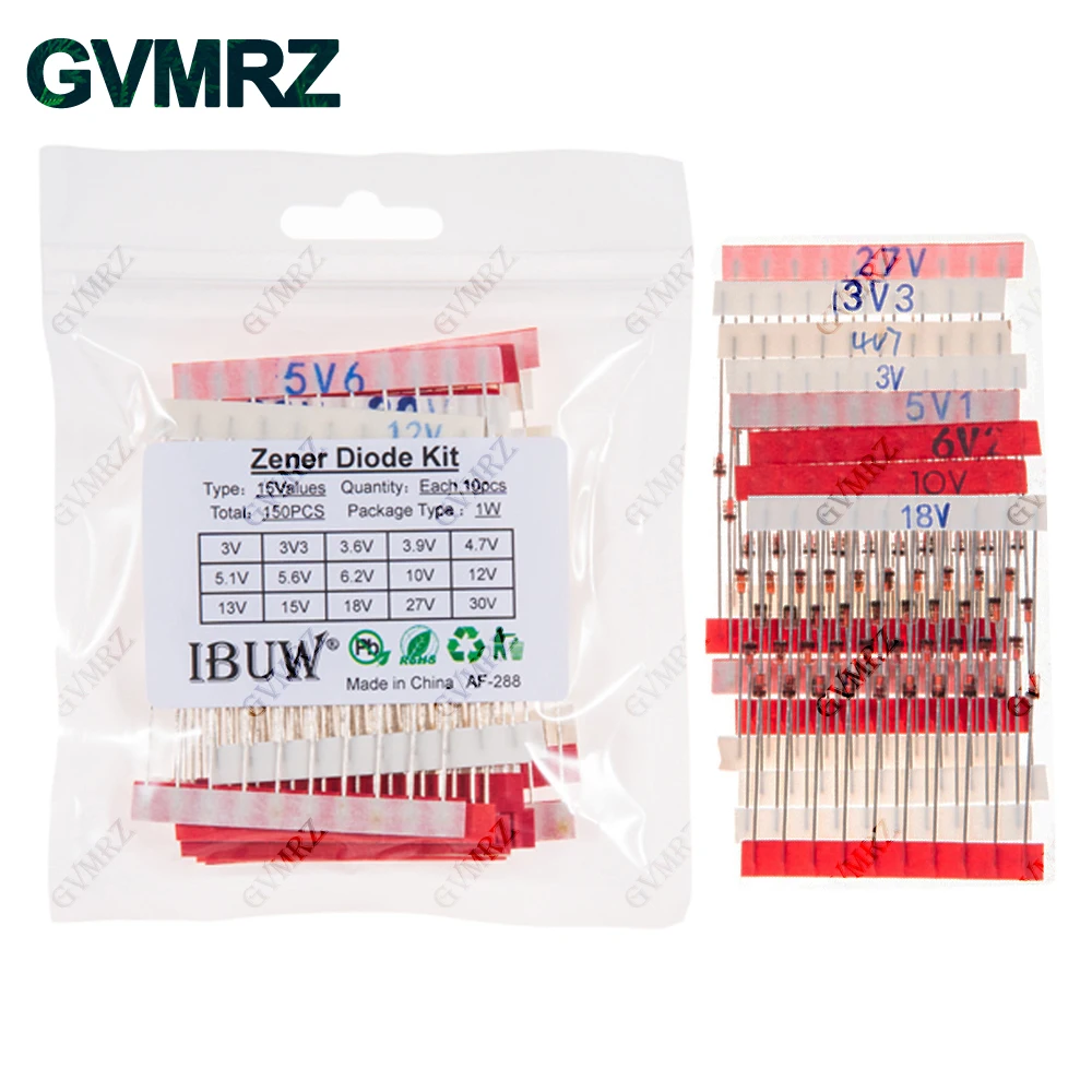 150PCS 15Values 1W Zener Diode Kit 3V-30V for Voltage Regulation Electronic Projects