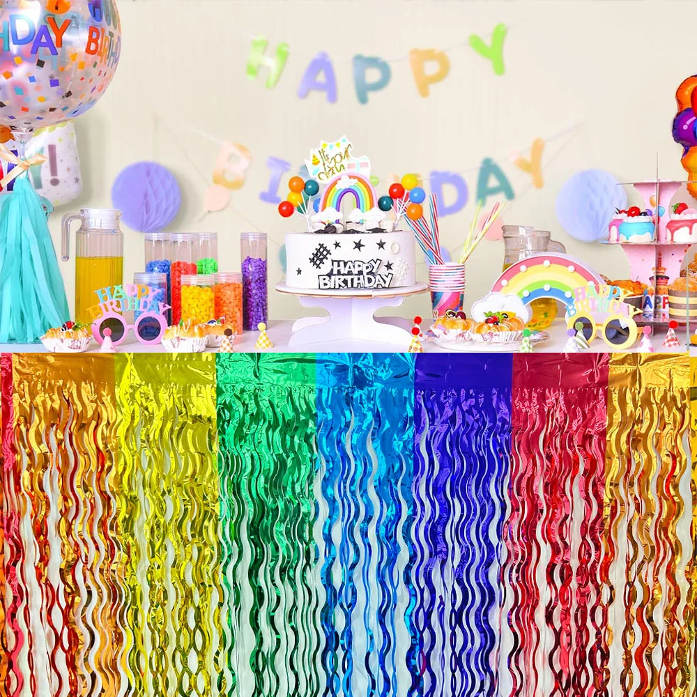 2 Pack Rainbow Wavy Metallic Tinsel Foil Fringe Table Skirts for Birthday Wedding Bridal Shower Unicorn Christma Party Decors