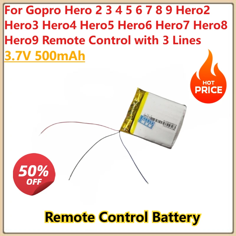 

100% New High Quality Remote Control Battery 3.7V 500mAh for Gopro Hero 2 3 4 5 6 7 8 9 Remote Control with 3 Lines