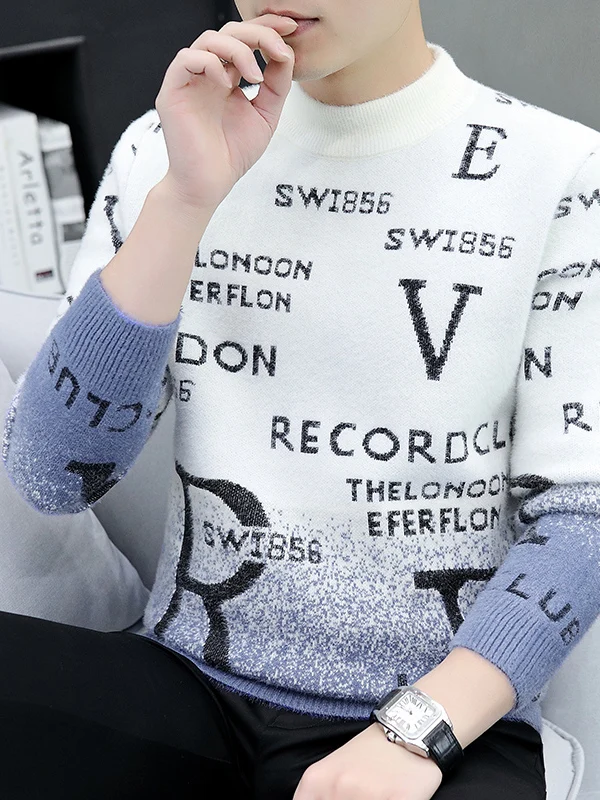 

Autumn Winter Men's Knitted Sweater Simulation Mink f High Collar adient Letter Embroidery Faionable Base Layer irt