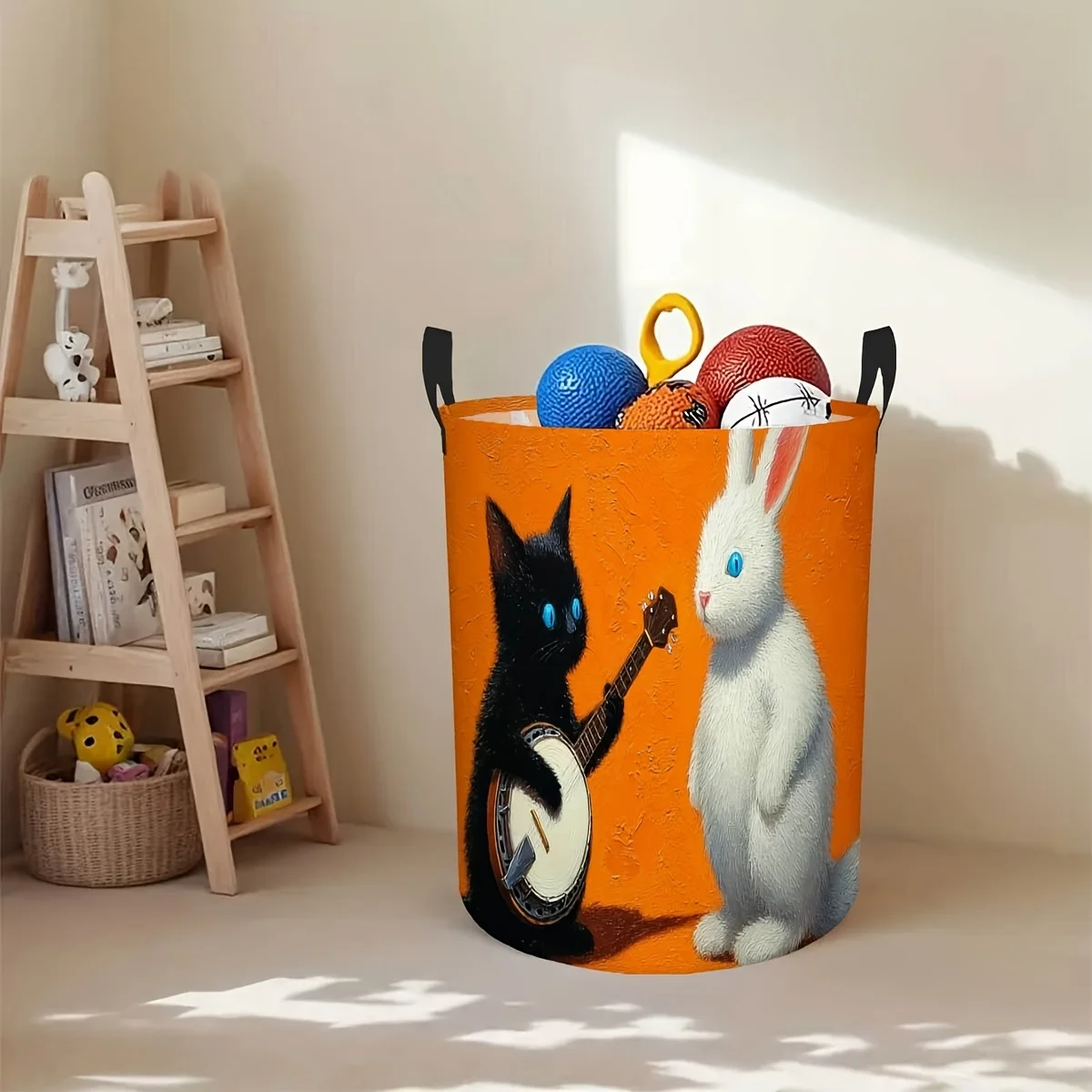 Dirty Clothes Basket with Cat and Rabbit Music Theme Print Polyester Laundry Hamper with Handle Large Capacity Storage Bin