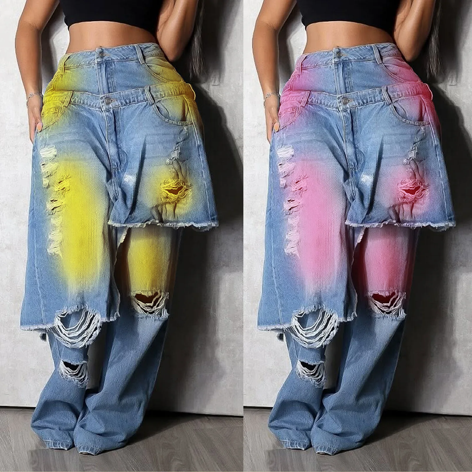 Color Jeans Straight Pants Women Hole Floor Length Stretch Mid Waist Distressed Washed Streetwear Female Vintage Denims Trousers