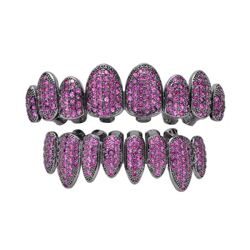 Hip Hop Full CZ Purple Stones Teeth Grillz Caps Cubic Zirconia Iced Out Open Top &amp; Bottom Charm Grills Set for Men Women Jewelry