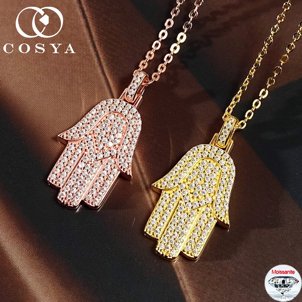 Collar COSYA con Colgante de Mano de Fátima, Moissanita Completa, Plata S925, Oro de 18K, Diamante de Laboratorio Color D, para Mujeres y Hombres, Joyería Fina para Fiestas